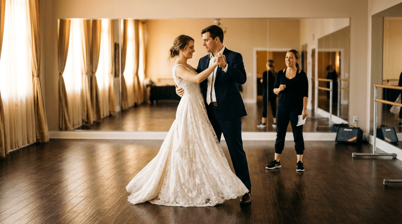 Couple practicing their wedding dance