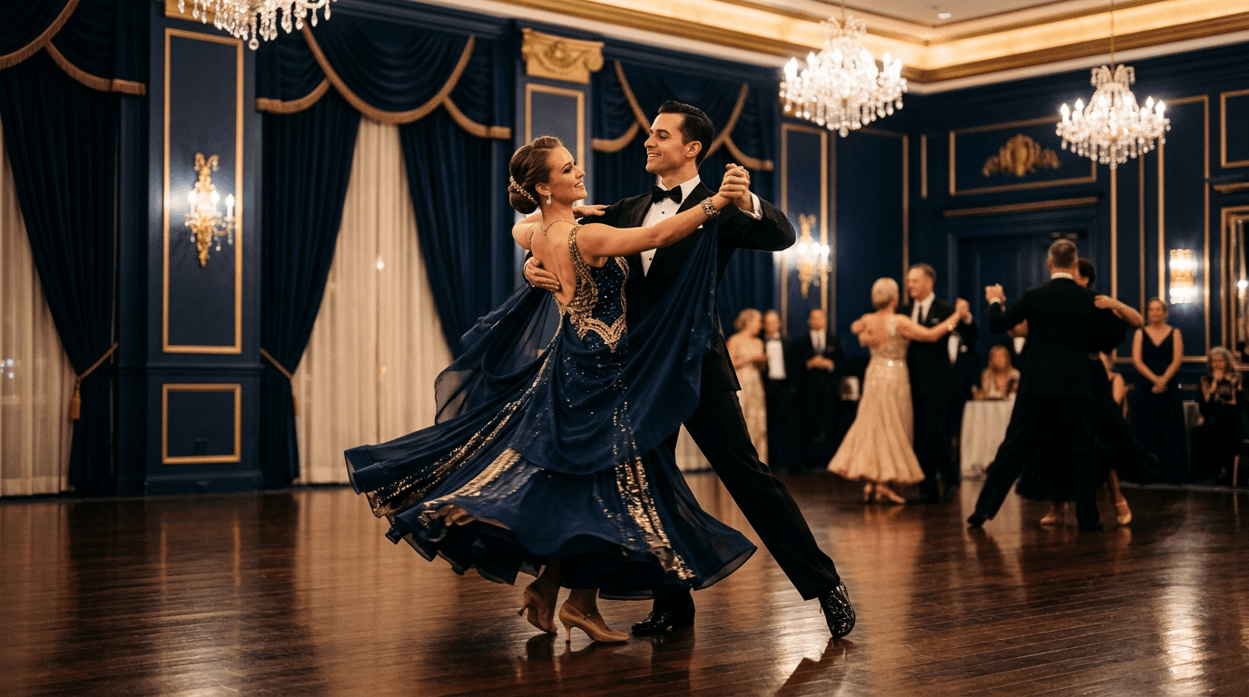 Elegant couple dancing ballroom